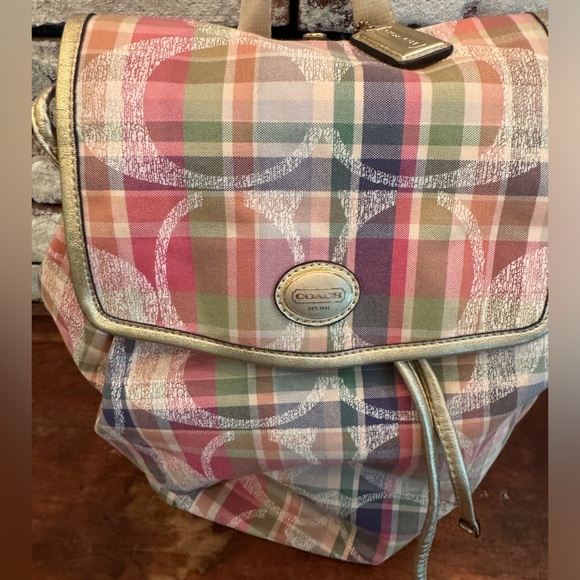 Retired Coach Spring Poppy Daisy Madras Backpack Plaid DayBag Handbag EUC - Picture 2 of 7